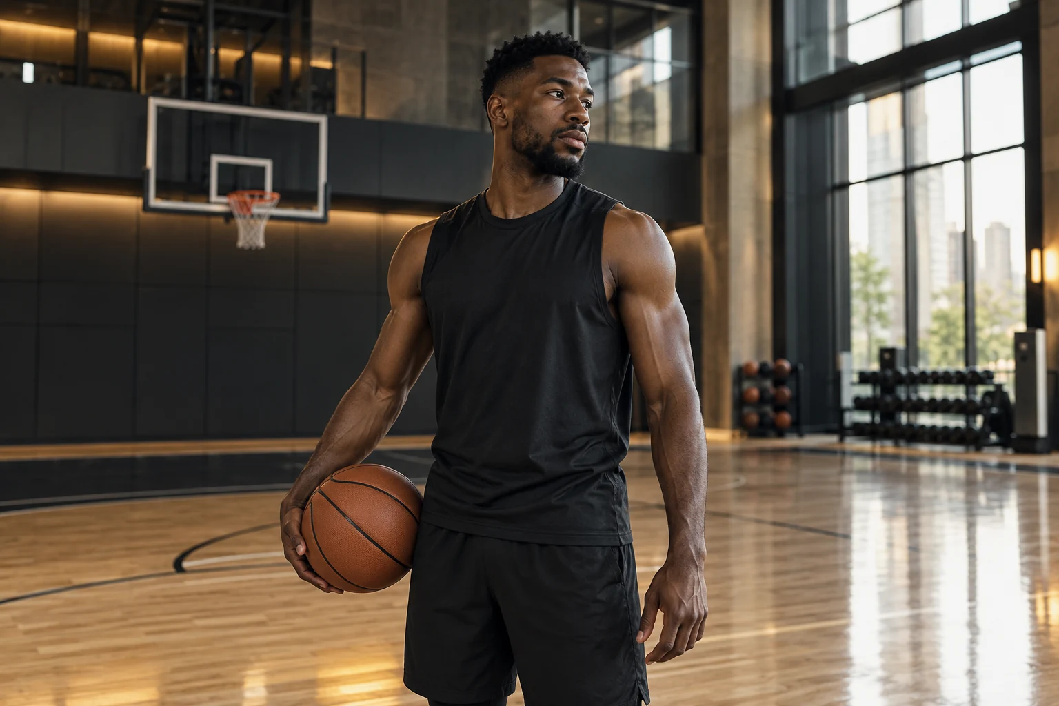 Illustrative basketball athlete holding a ball in an indoor training gym