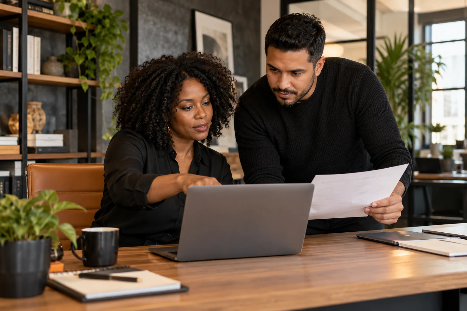 Illustrative business owners reviewing plans together at a laptop in a contemporary office