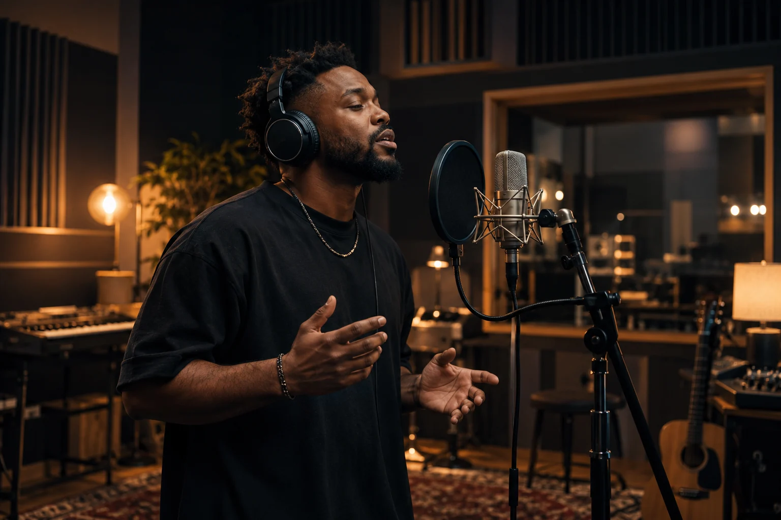 Illustrative music performer wearing headphones at a recording studio microphone